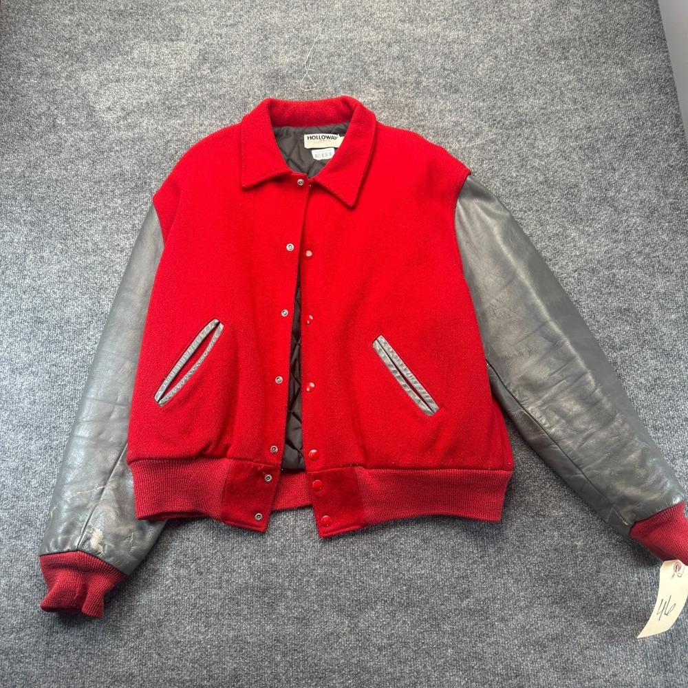 Vtg Holloway Conquest Mens 46 Letterman Varsity Jacket Red Wool Gray Leather